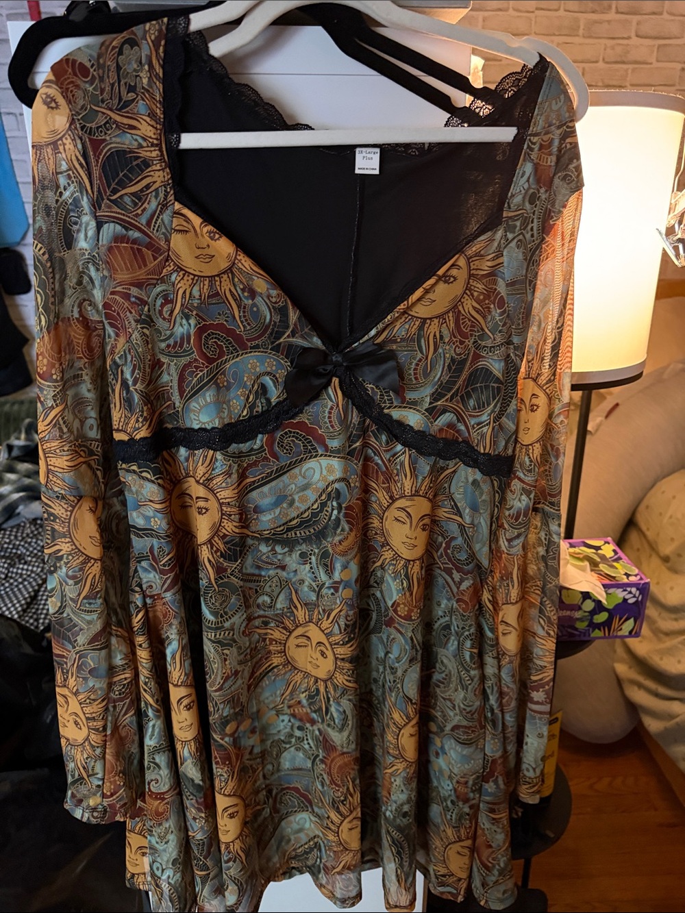 Amazon Women’s Long Sleeve Sun Print Boho Tunic Dress in Teal and Gold